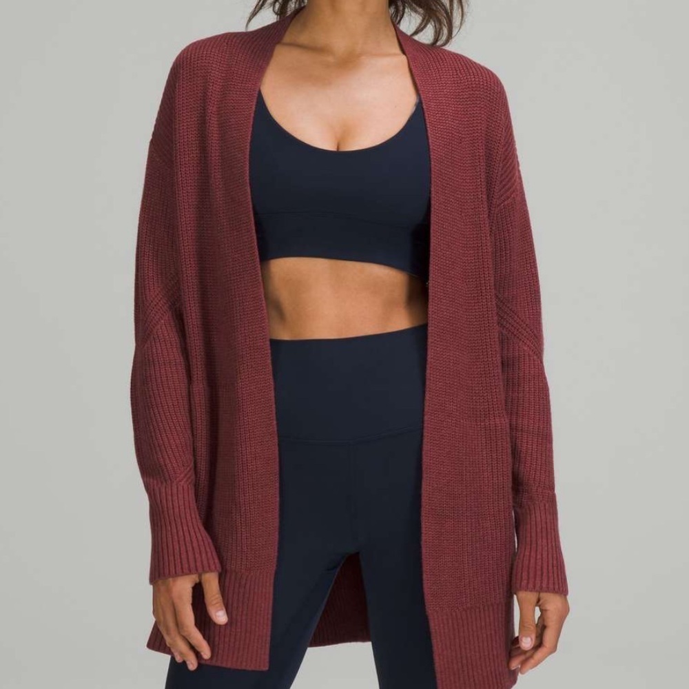 Lululemon Cashlu Heathered Mulled Wine Knit Cardigan Sweater Wrap M - Picture 1 of 9